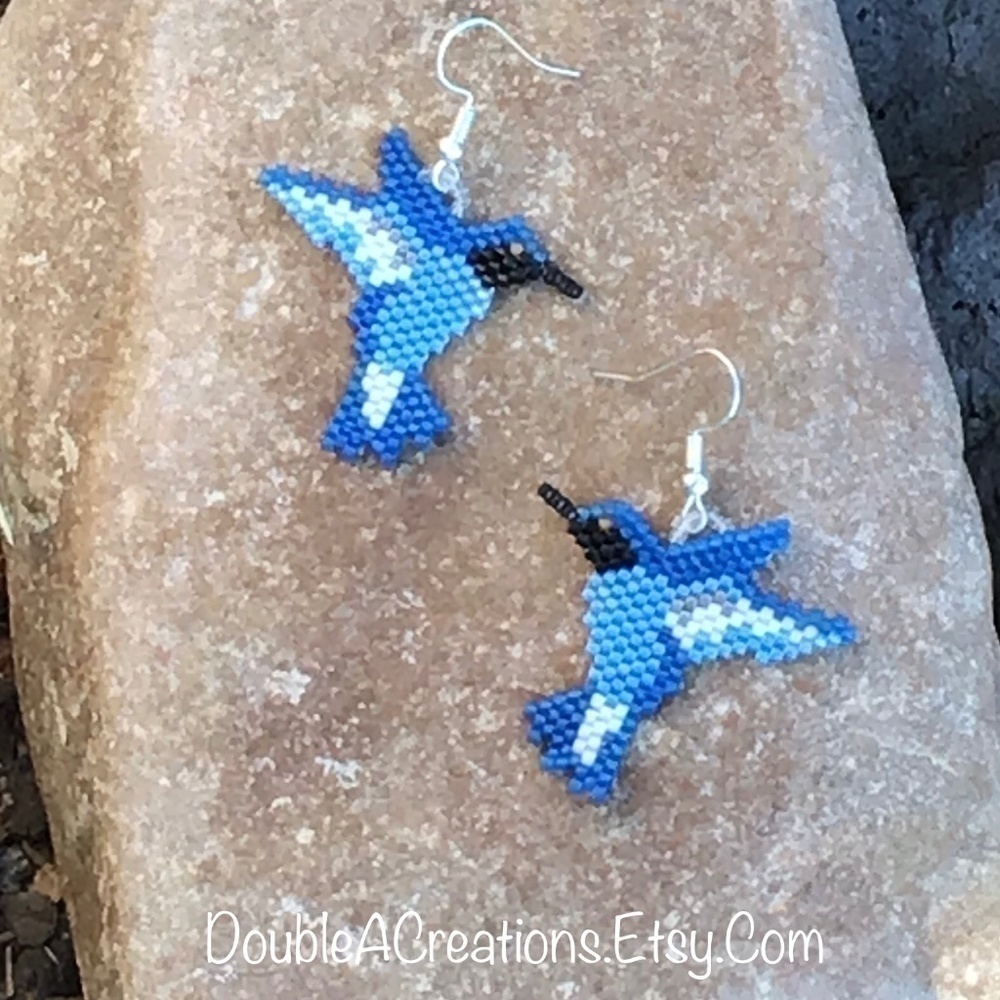 Blue Hummingbird Beaded Earrings, New, Handmade by Me